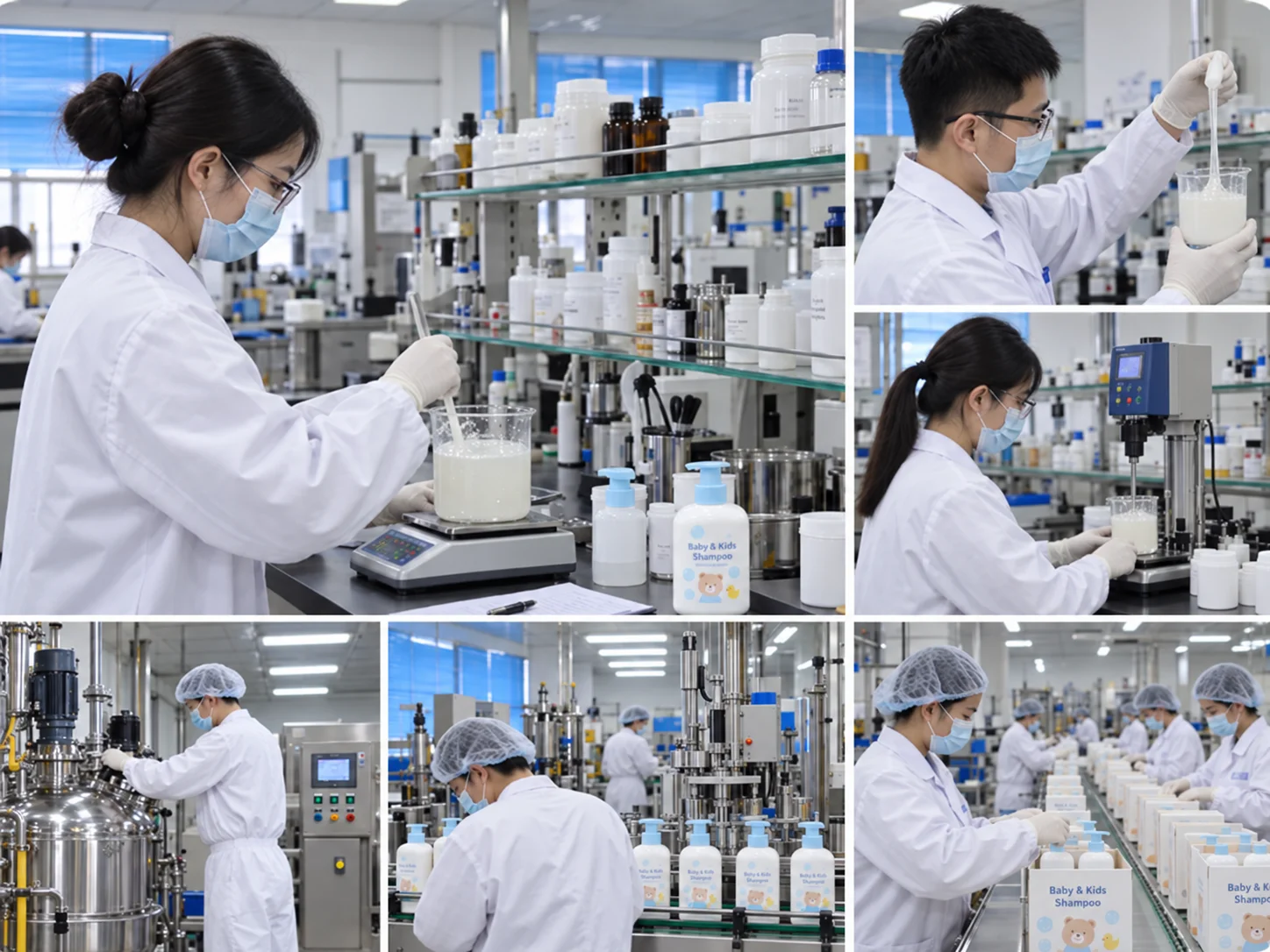 Scientists in laboratory coats and masks conducting cosmetic formulation tests and overseeing production of baby shampoo bottles.
